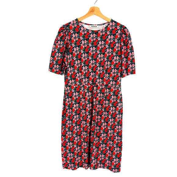 Boden Zoe Jersey Dress Amaryllis Botanic Wreath Floral Print Preppy Size 8L - Picture 1 of 8